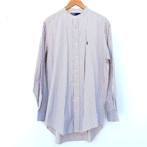 Polo Ralph Lauren Postboy Grandad Collar Oversized Button Down Brown Stripes M - Picture 2 of 8